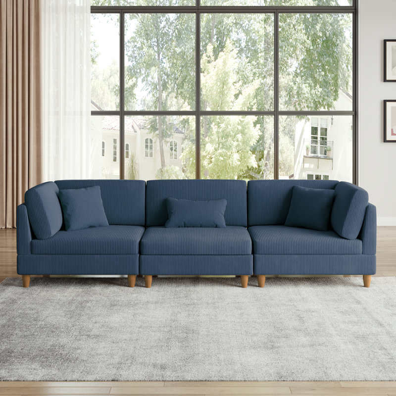 Seemab 3 - Piece Upholstered Navy Corduroy Modular Sectional with Pillow Back and Solid Wood Legs, Navy