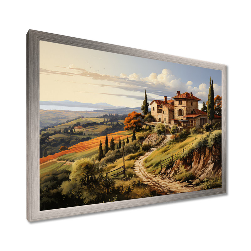 «Country Charm Tuscan Splendor», art mural campagne, H 24 po x l 32 po x P 1 po, Cadre simple argenté