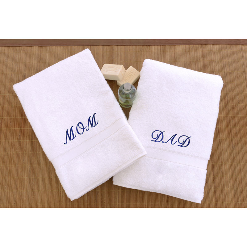 Ensemble de serviettes à mains 100% coton 2 pièces Mom & Dad, Blanc / Bleu marine