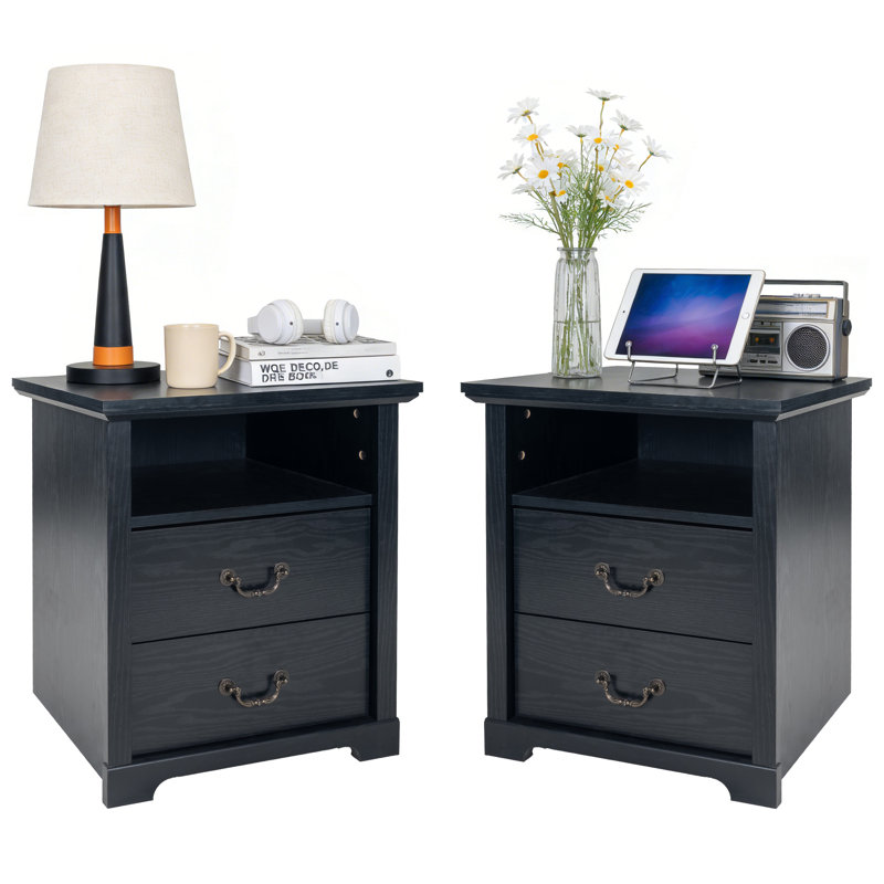 Rutland Set Of 2, Rustic Wood Rutlands With 2 Storage Drawers, Bedside Table With Open Shelf For Bedroom, Black