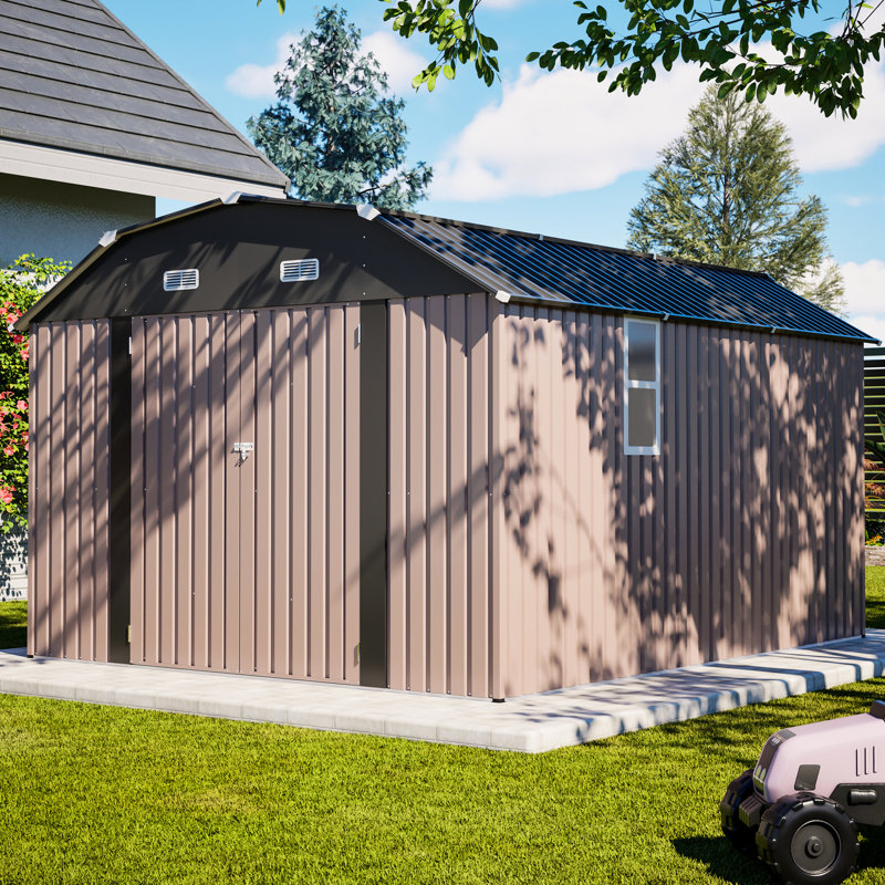 Remise de rangement extérieure en acier galvanisé brun de 1012 pi avec cadre de plancher pour une utilisation intensive, avec construction résistante aux intempéries, grande ouverture de porte, fenêtres transparentes, loquet et évents pour une chaleur efficace