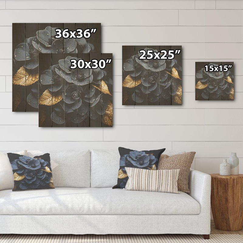 «Noir Allure Hydrangea I», art mural sur bois de pin naturel, H 15 po x l 15 po