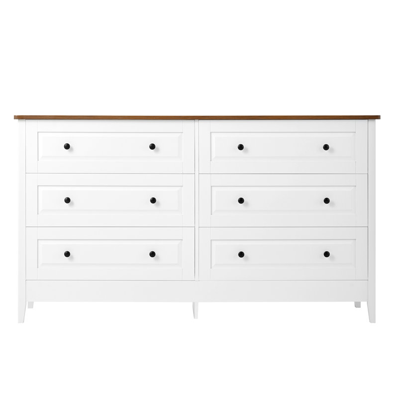 Commode 6 tiroirs en bois blanc avec poignées en métal pour la chambre à coucher | Idée de cadeau
