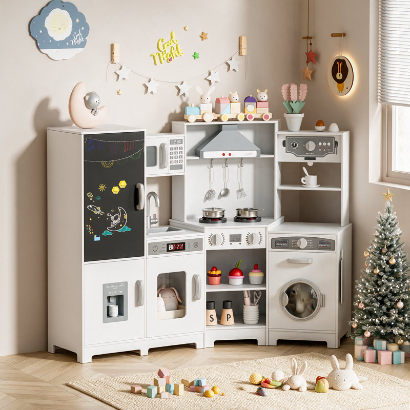Wooden Corner Play Kitchen, Kitchen Playset With Stove & Range Hood W/lights & Sounds, Sink, Faucet, Ice Maker And Washing Machine, 6-piece Toy Set Age 3+(white)