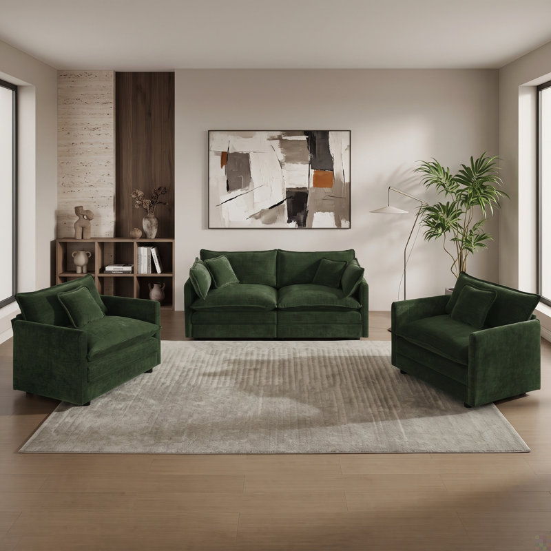 Ensemble de salon 3 pièces avec causeuse et 2 chaises d'appoint, revêtement richement texturé, vert foncé