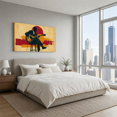 Silhouette Guitarist Playing Electric Guitar On Stool Canvas Wall Art