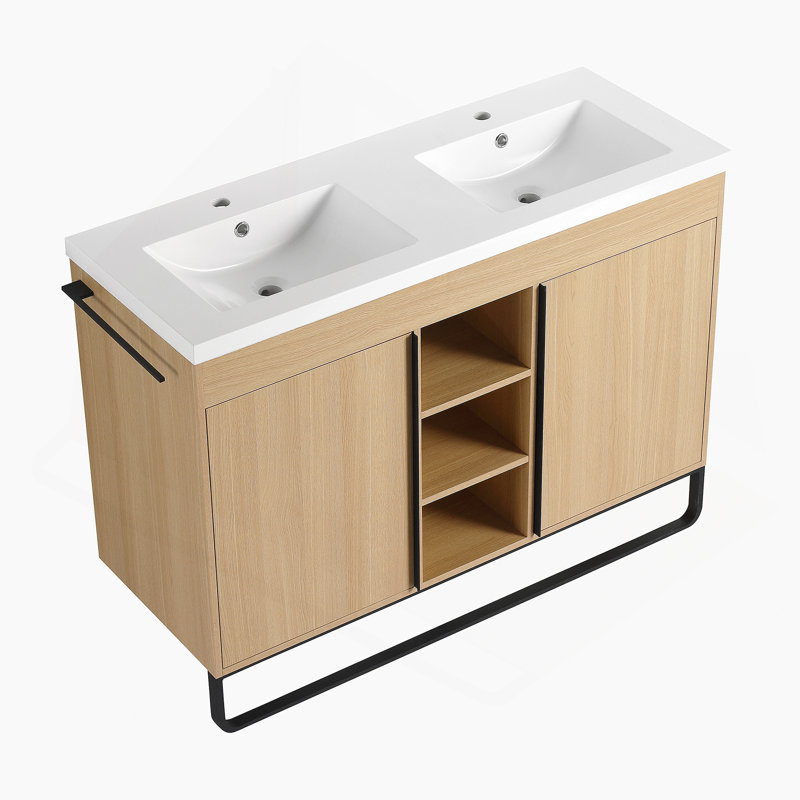 Meuble-lavabo autoportant de 48 pouces avec lavabo double en résine, portes à fermeture douce et supports de rangement ouverts, idéal pour les salles de bain modernes