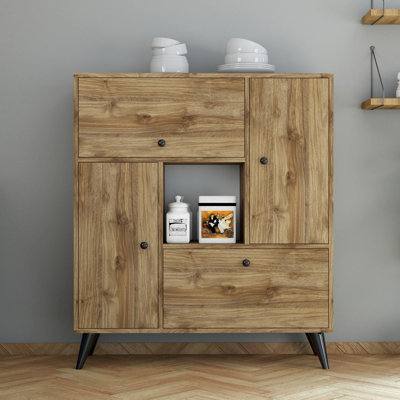 Modern Multi-Purpose Cabinet with Plastic Legs, Walnut Color, 41.3 x 47.2 x 13.8 inches | 100% Melamine Coated Particle Board, Thickness: 0.7 inches | Numerous Shelves, Wall Mountable Design for Stylish Storage Solutions
