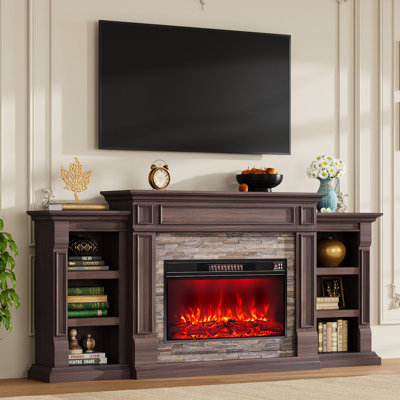 80 Inch Fireplace Tv Stand With30 Inch Electric Fireplace, Faux Stone Mantel, Adjustable Storage Console, Entertainment Center For Tvs Up To 90 Inches，Brown