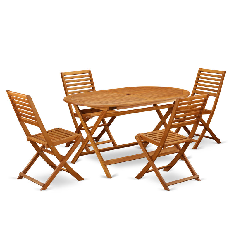 5 Piece Patio Dining Set Includes an Oval Outdoor Acacia Wood Table and 4 Folding Side Chairs, 36x60 Inch, Natural Oil