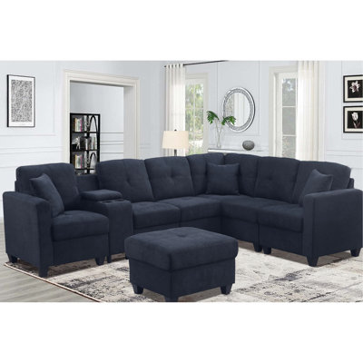 Canapé modulaire 7 pièces bleu foncé en microfibre douce avec coussins en forme de peau haute, deux porte-gobelets et une structure en bois massif pour une utilisation confortable