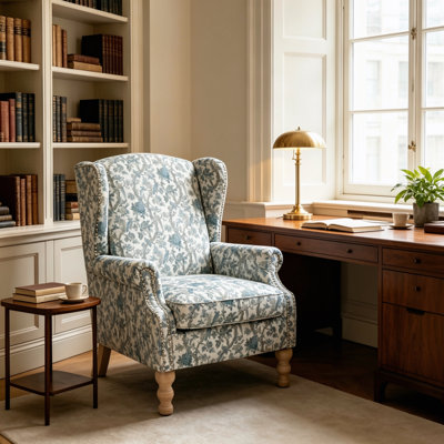 Fauteuil d'appoint moderne à motif floral avec pattes en bois rétro, fauteuil confortable et rembourré, canapé une place à motif d'oiseaux bleus pour salon, chambre et bureau