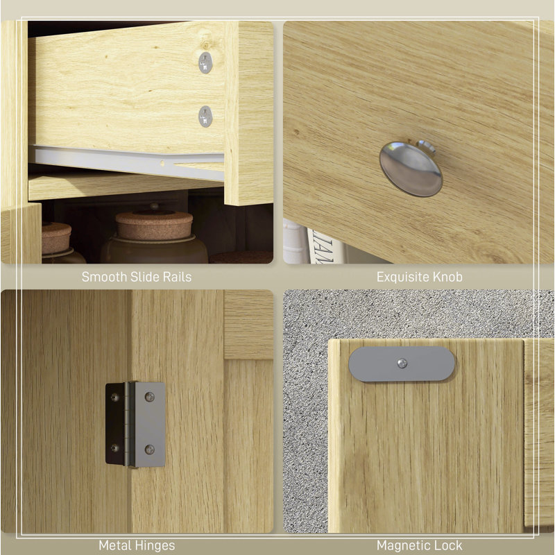 Natural Oak and Rattan Sideboard with Solid Wood Countertop