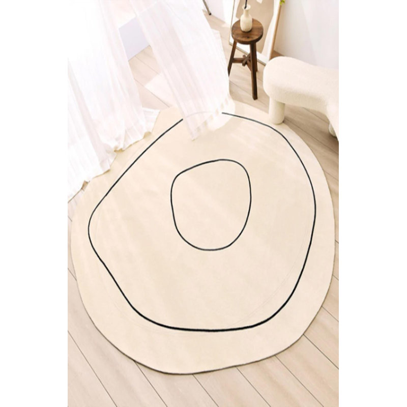 Himanshee Cream Striped Digital Print Cotton Polyester Non-Slip Area Rug, Rond 3 pi 11 po