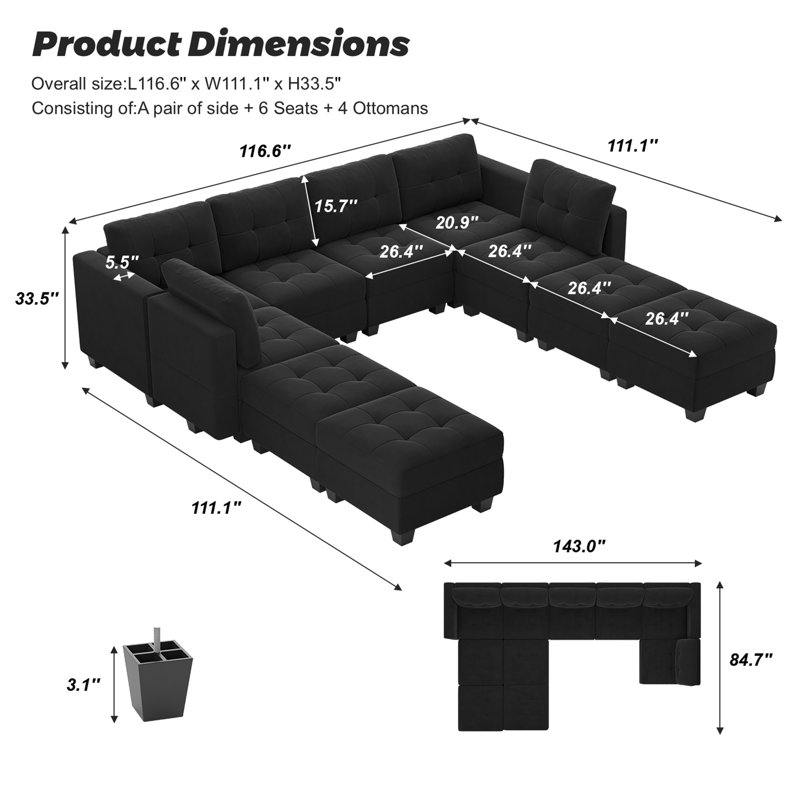 Grand canapé-lit modulaire avec rangement en velours l 116,6 po Soneson, Velours noir