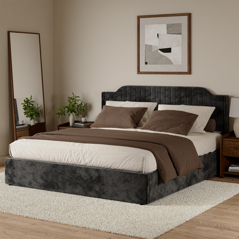 Lizette 80.5" Hydraulic Lift Up Storage Upholstered Platform Bed with Wingback Headboard, Black