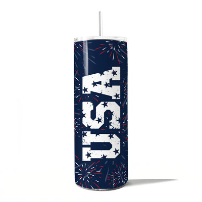 Gobelet rétro 20 oz avec couvercle et paille en acier inoxydable, feu d'artifice patriotique pour la fête de l'Indépendance
