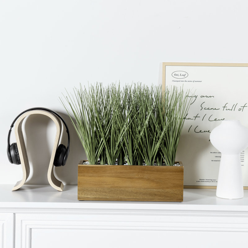 Herbes vertes artificielles en pot d'acacia