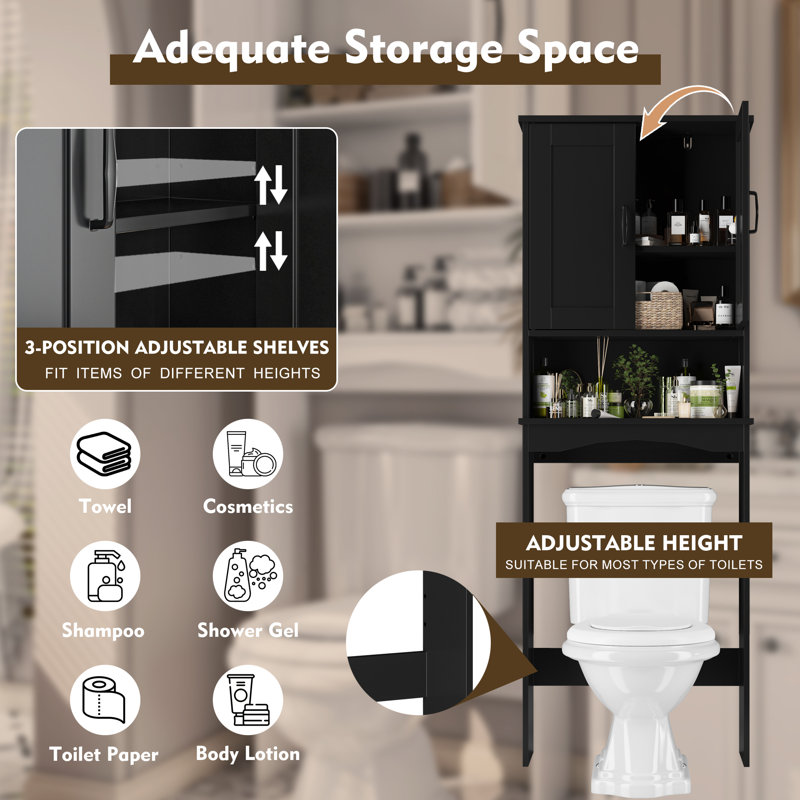 Rangement confortable au-dessus de la toilette avec portes et tablettes ouvertes, Noir mat