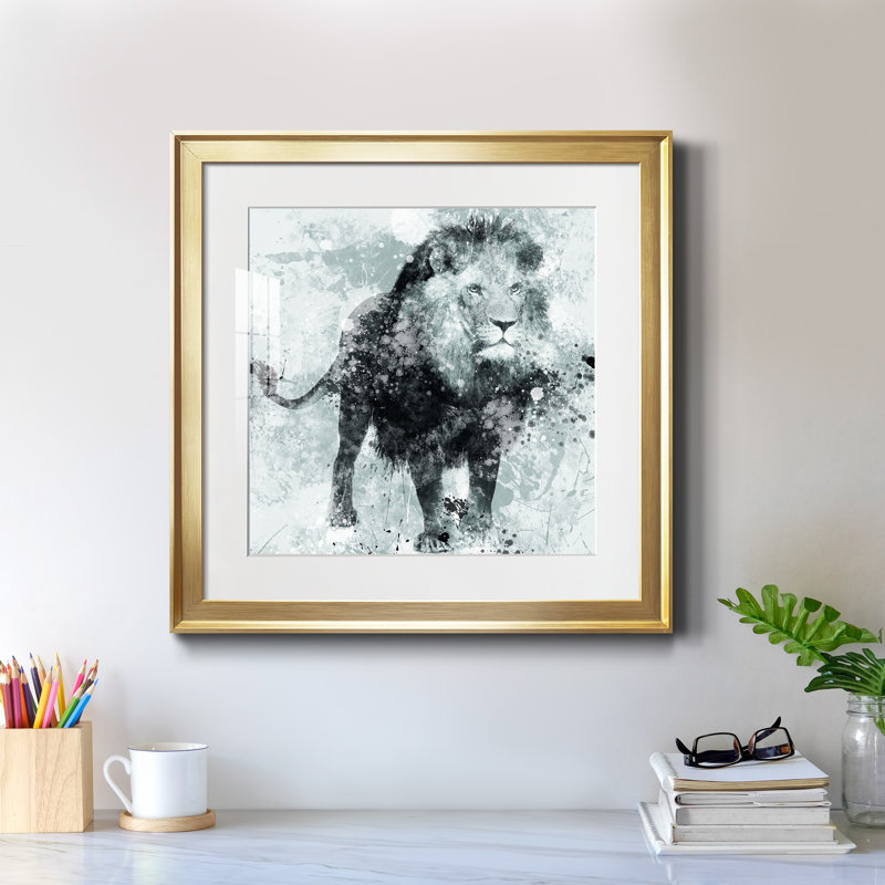 Lion - peinture encadrée, Papier encadré doré, H 17,5 po x l 17,5 po x P 1,5 po