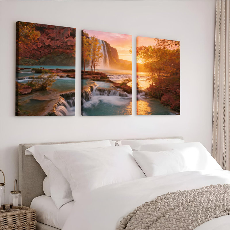 «Waterfall Landscape Sunset», ensemble de 3 reproductions d'art sur toile tendues, 1218
