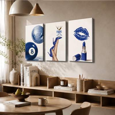 3‑Panel Wall Art Blue Trendy Disco High Heels Lipstick Canvas Print, Retro Wall Decor