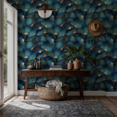 Teal Gold Ginkgo Leaf Wall Mural | Luxury Botanical Peel and Stick Wallpaper | Living Room Removable Wall Décor