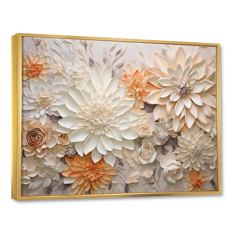 Beige et verre de fleurs de saison, Cadre flottant doré, H 24 po x l 32 po x P 1 po