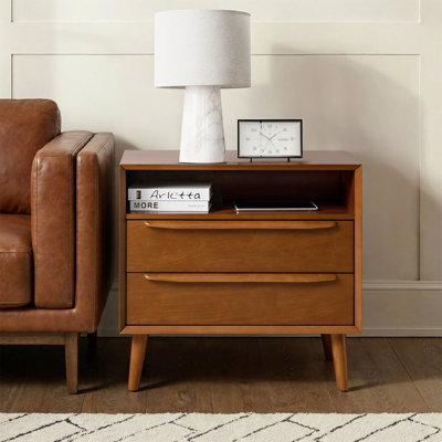 Aviannah Midcentury Modern 28''W 2-Drawer Nightstand with Charging Station and Solid Wood Legs and Open Shelf