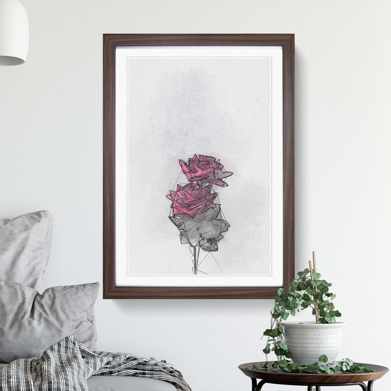 Two Pink Roses in Abstract - Picture Frame Graphic Art Print, 87cm H x 62cm W x 2cm D, Walnut Framed