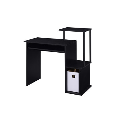 Table d'ordinateur noire avec plateau à clavier, tablette et espace de rangement, composition en métal et en placage, forme rectangulaire, poids de 70 lb sur le bureau à finition en placage, compartiment inclus, supports