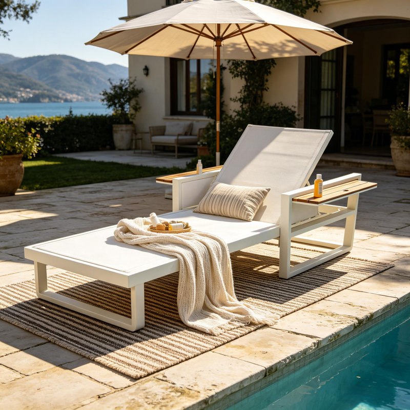 Chaise longue inclinable d'extérieur avec accoudoirs pliables en teck, teck et blanc