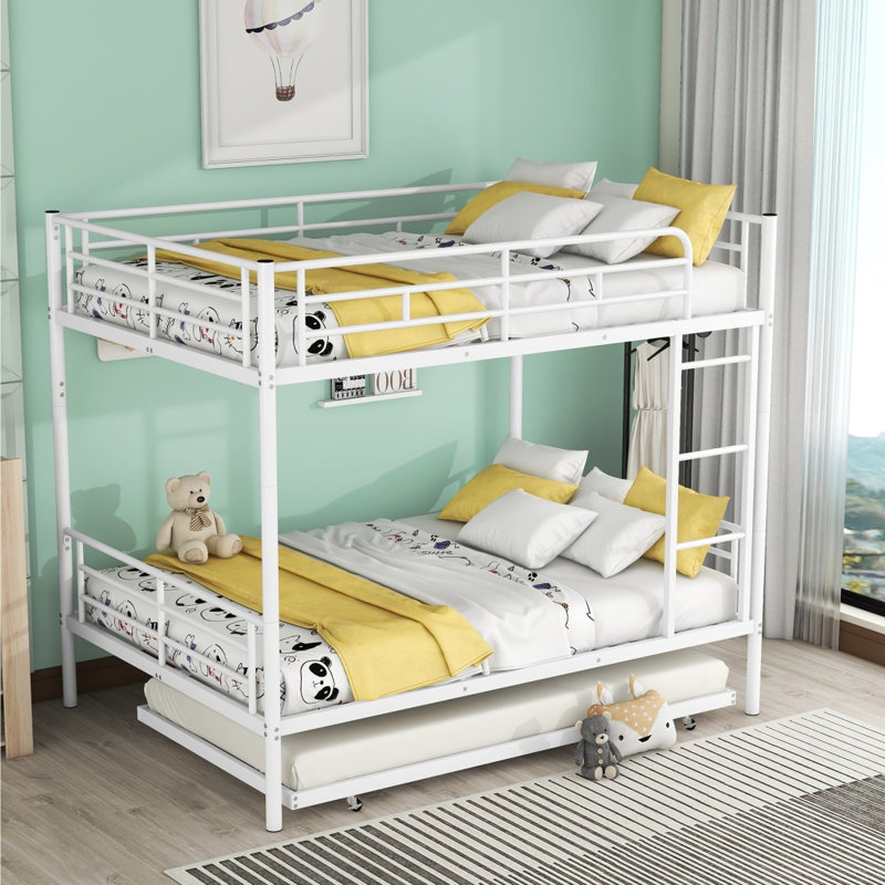 Lit double superposé au dessus d'un lit double avec gigogne, blanc, Lit superposé double sur double, Blanc