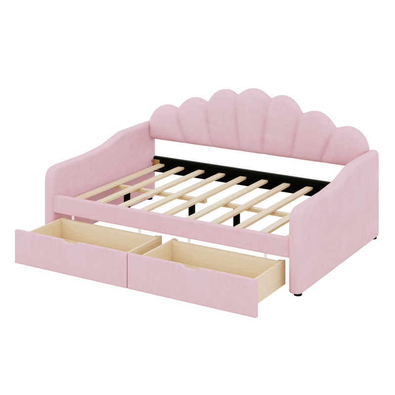 Structure de lit de jour rembourrée avec dossier en forme de coquillage, 2 tiroirs, Rose
