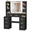 Coiffeuse de maquillage noire avec miroir et lumières, coiffeuse avec 7 tiroirs et 6 tablettes, poignée dorée