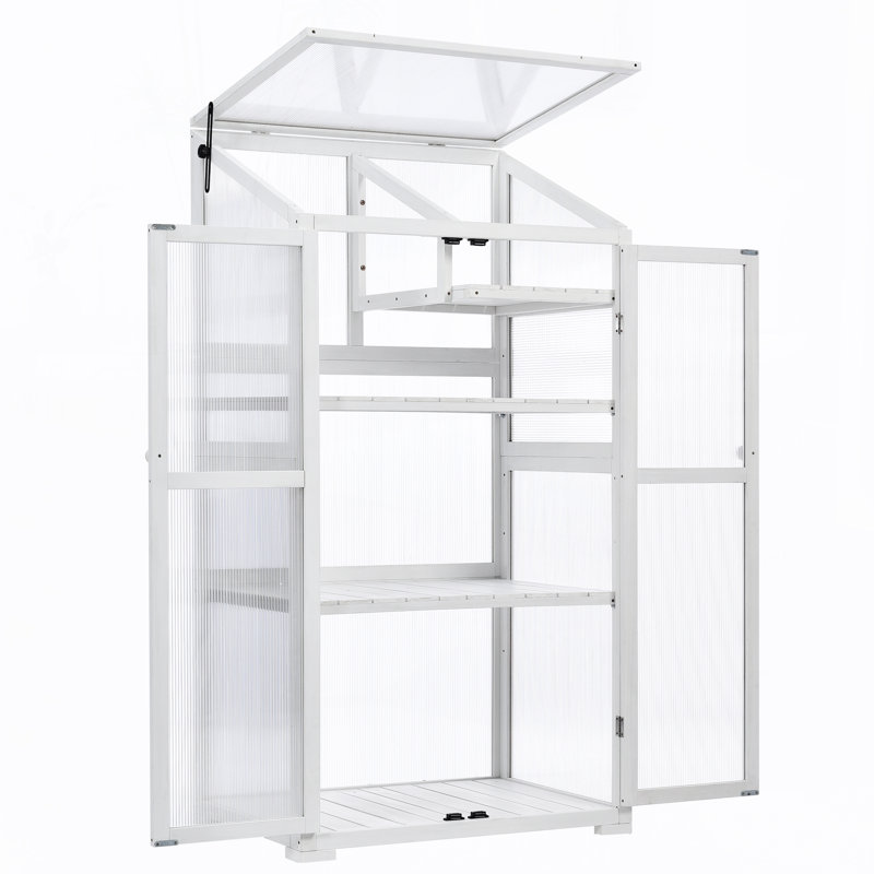 Serre portative en bois avec roues et tablettes réglables Ricky, Blanc