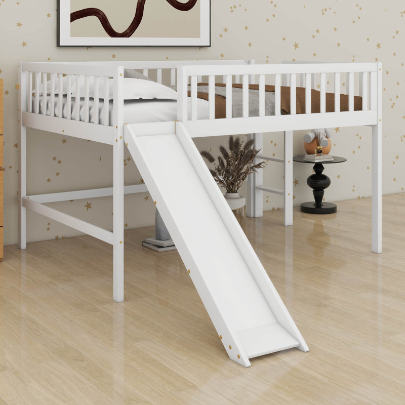 Full Size Low Loft Bed With Slide And Ladder,Wooden Bed Frame With Guardrails For Girls,Boys,No Box Spring Required, White