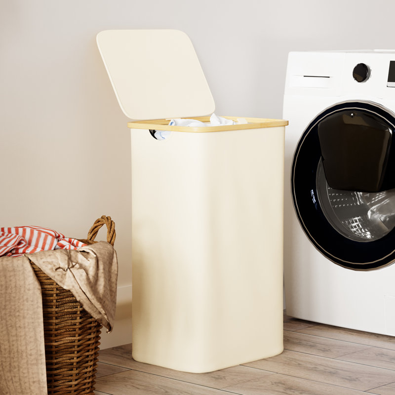 Beige Collapsible Upright Laundry Hamper with Bamboo Handles and Lid