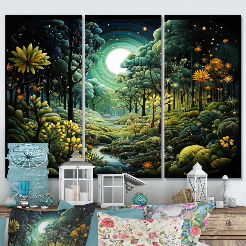 «Forest Enchanted Forest Pointillism II», reproduction sur toile 3 pièces, H 28 po x l 36 po x P 1 po