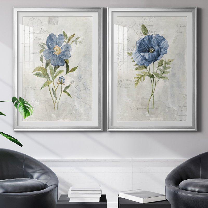 Blue Linen Peony - ensemble de 2 reproductions d'art, Blanc, Papier avec cadre argenté, H 30,5 po x l 85 po x P 1,5 po