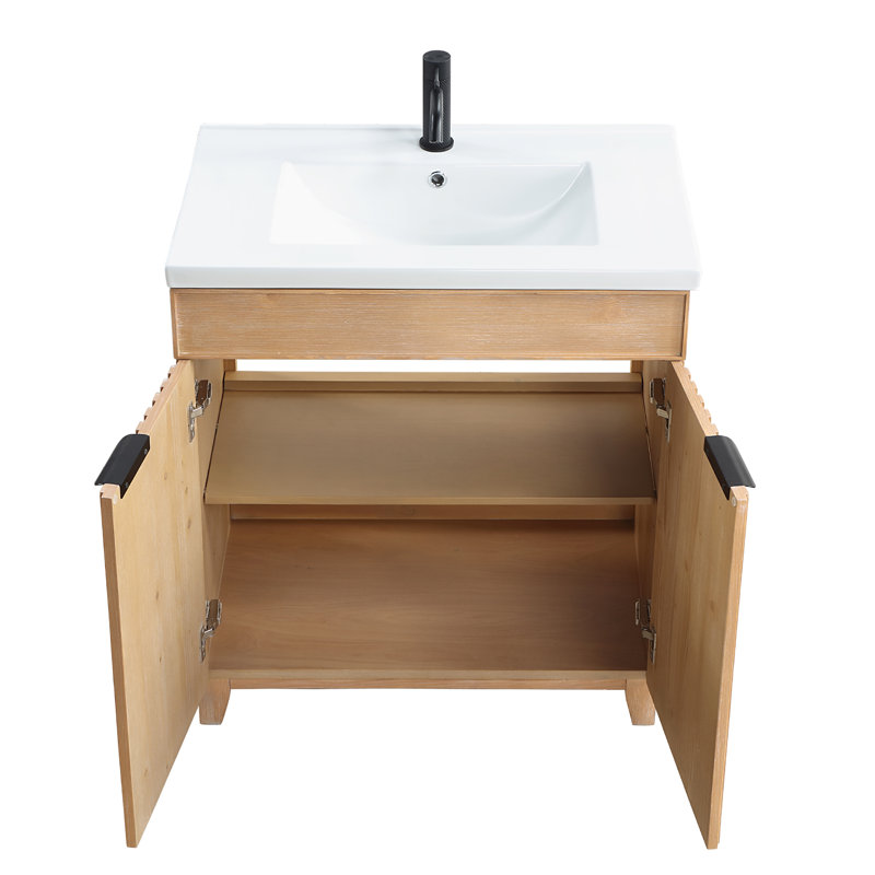 Meuble-lavabo sur pied simple 29,9 po avec plateau en céramique Dansfield, Bois de sapin brun, Noir mat