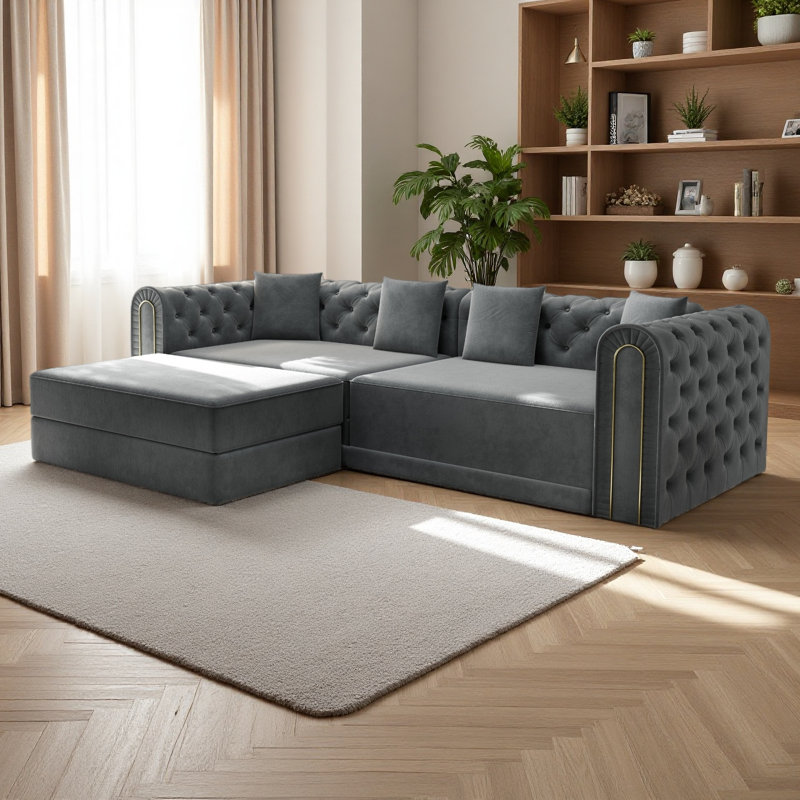 90.6" 3-In-1 Convertible Sleeper Sofa,Elegant Modern Couch With Button Tufted And Gold Edge Trim,3-Seater Couch With Movable Ottoman