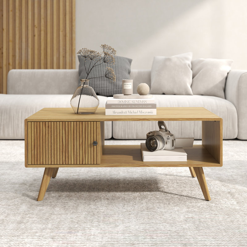Neil 43" Rectangle Coffee Table With Storage For Living Room, Oak Wood