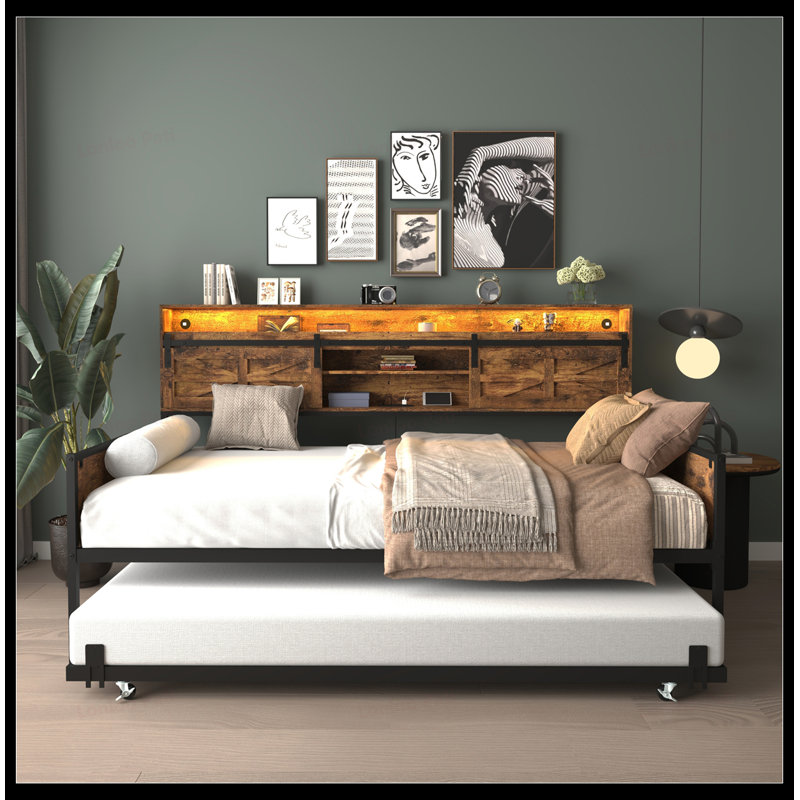 Twin Daybed with Trundle, Sliding Barn Door Headboard, Charging Station & LED Light for Rustic Bedroom Decor