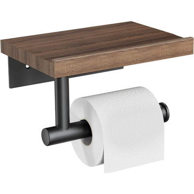 Wall Mounted Walnut Wood Toilet Paper Holder With Shelf, Matte Black SUS304 Steel, Bathroom Must-Have For Mega Rolls