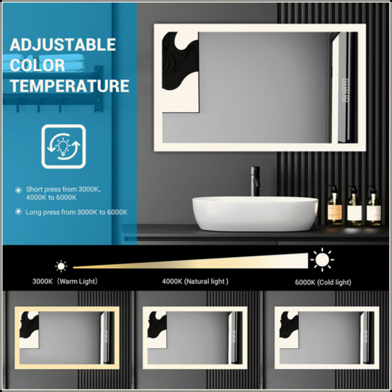Luminaire lumineux pour miroir de salle de bain lumineux à DEL, désembuage 5 minutes, reflet Full HD, 3 couleurs à intensité variable, fixation murale