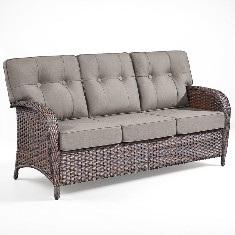 75" Wicker 3-Seat Sofa, Outdoor Conversation Furniture, All-Weather Rattan Couch, Steel Frame Couch With Cushions For Garden, Poolside, Porch