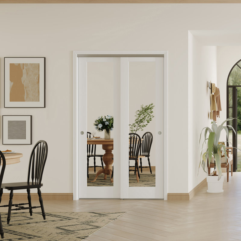 2 MDF Interior Slab Doors with Aluminium Hardware Bypass Sliding Door Full Lite Mirror Glass Design, 48" x 80"