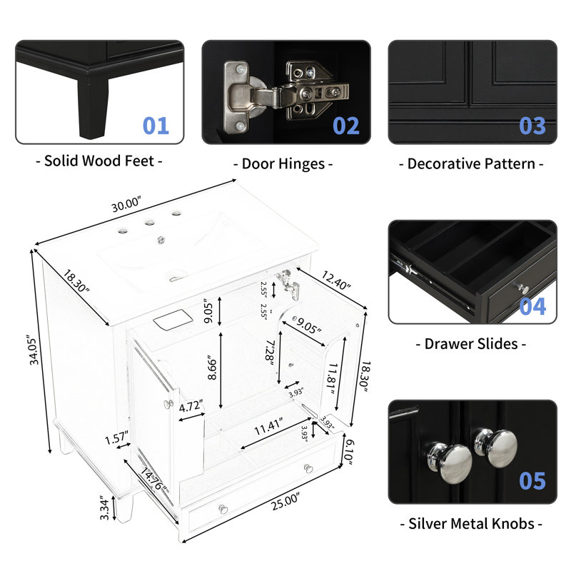 Meuble-lavabo simple 30 po avec comptoir en céramique Deneem