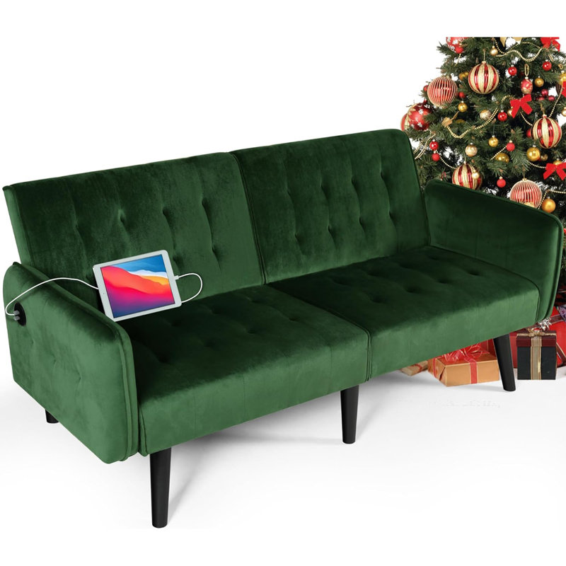 62.99" Upholstered Convertible Sofa with USB Charging Port, Green Velvet